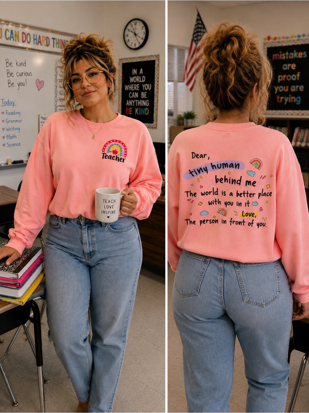 Teacher Sweatshirt Rainbow Tiny Human Saying Top Cute